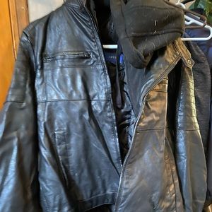 Black, large faux leather jacket with hood